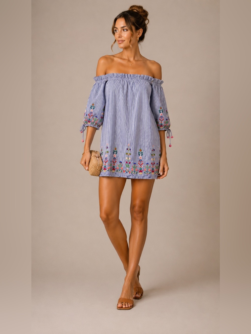 Ultra Pink Off Shoulder Embroidered Boho Mini Dress Blue Stripe L